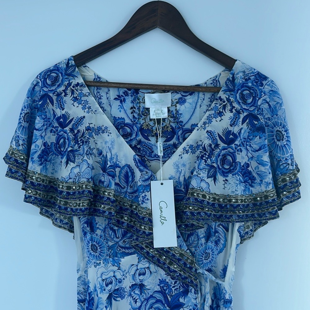 Gorgeous Camilla 100% SILK Dress Size Small NEW with tag Frill Sleeve Long Dress